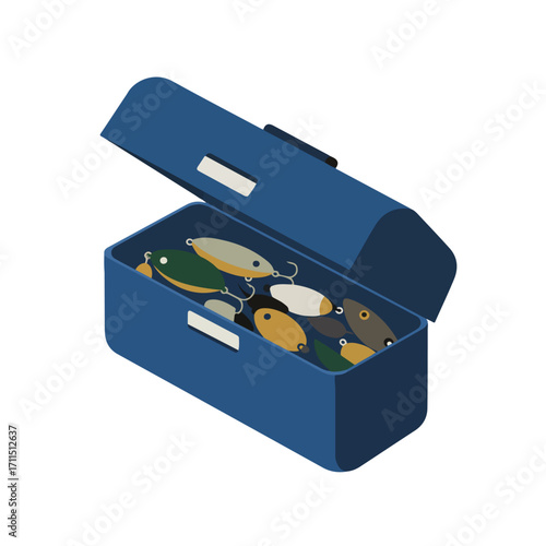 A blue tackle box with a variety of colorful fishing lures and hooks inside it