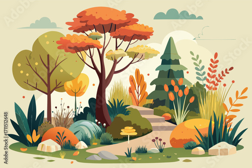 Beautiful autumn landscape with colorful trees, bushes, and a serene pathway in a peaceful setting