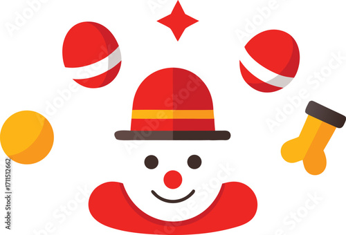 Fun clown accessories vector illustration featuring red nose hat balloon shoes and stars
