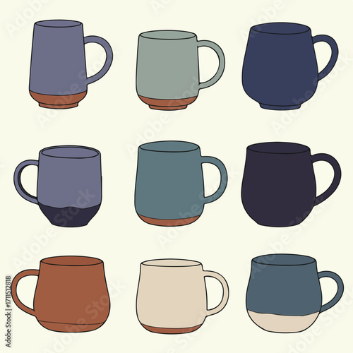 Nine outlined mugs in varied hues sit on a soft cream background in three rows