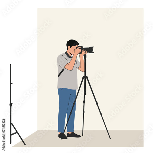 An illustrator of a photographer standing behind a tripod in a studio corner