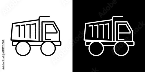 Conceptual illustration of a dump truck, representing construction and heavy machinery, presented in a minimalist icon style on contrasting backgrounds