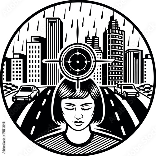 Woman targeted in rainy city street with cars and buildings crosshairs