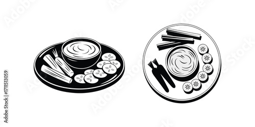 Black and white illustration of two platters with dip and vegetables