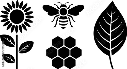 Simple black silhouette icons of a sunflower, bee, honeycomb, and leaf for natural themes.