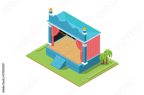 Isometric Illustration of a Music Event stage, 3d Concept Isometric View of Concert Party Background and Stage Landscape.