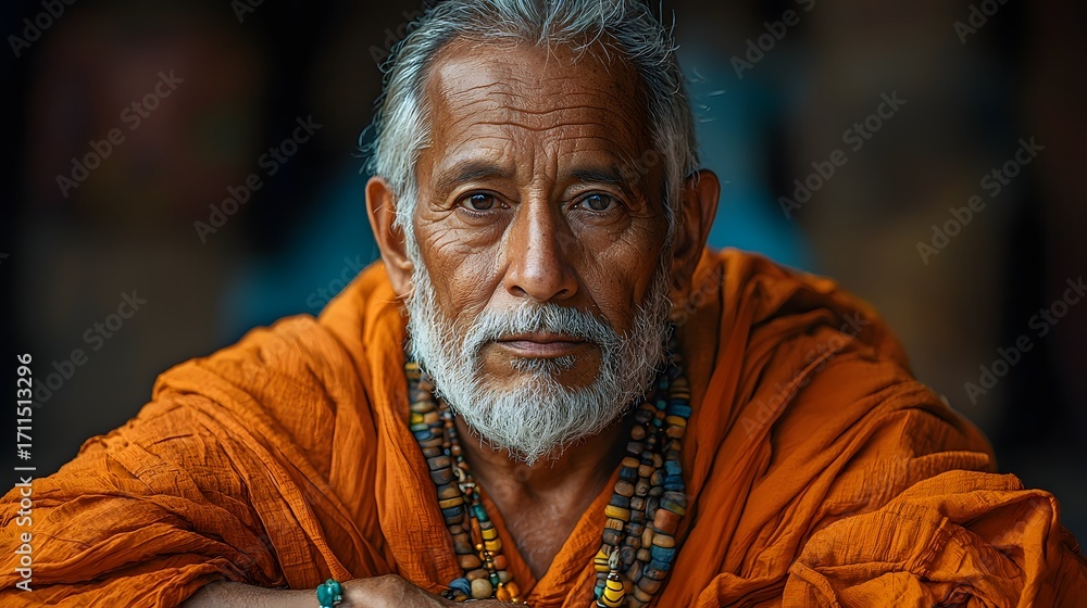 Fototapeta premium An elderly man with a weathered face wearing an orange robe and adorned with multiple bead necklaces looking directly at the