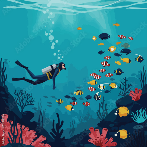 Cartoon diver among fish swimming above a coral reef under the sea in an oceanic environment