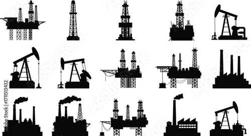 Oil rig silhouette icons, industrial facility vector set, offshore platform, pump jack, petroleum extraction, black energy symbols, fossil fuel industry illustration
