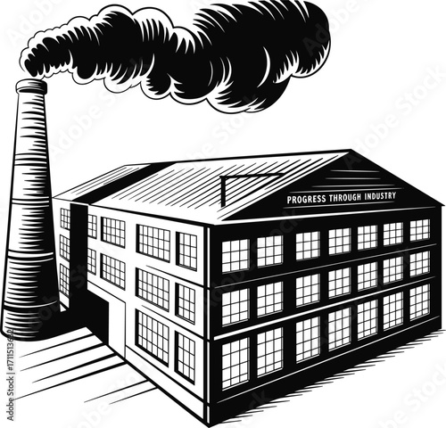 Industrial factory building illustration, vintage smokestack emitting smoke, progress through industry concept, black and white drawing, environmental pollution, economic development theme