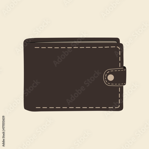 Stylized illustration of a brown wallet with a flap closure and dashed trim on light tan