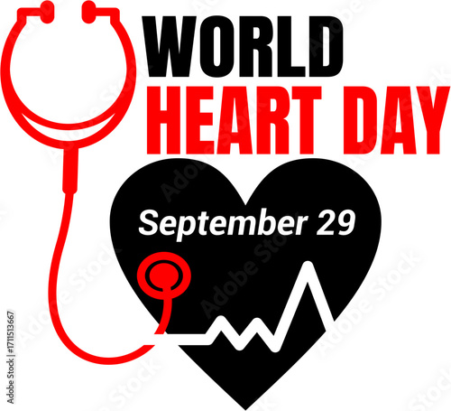 A clear logo for World Heart Day, featuring a large red stethoscope with a black heart below. "September 29" is inside the heart with an EKG line.