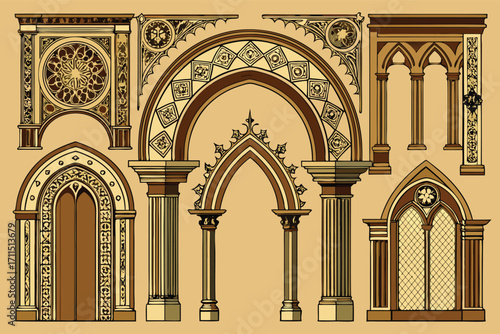 Intricate designs of Gothic architectural elements showcasing arches, columns, and detailed patterns