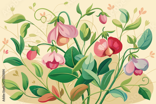 Colorful floral design featuring a variety of blossoms and greenery on a soft background