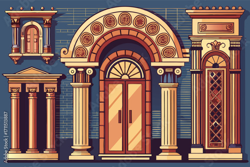 Architectural elements showcasing classical design features with columns and decorative structures