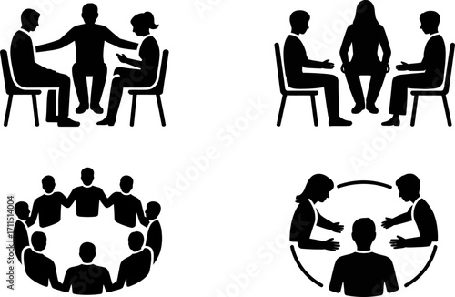 Diverse groups of people in silhouette gathered for discussion and connection