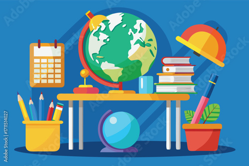 Colorful study desk with globe, books, and stationery ready for learning activities