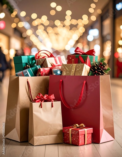 Christmas shopping bags overflowing with gifts