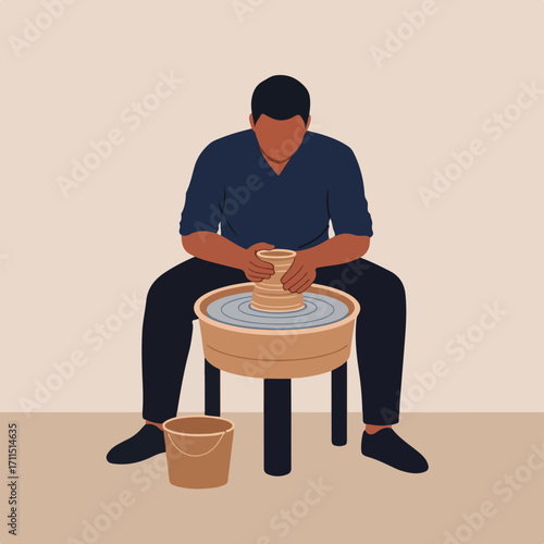 Person sits at pottery wheel shaping clay, water and bucket nearby in earth tones