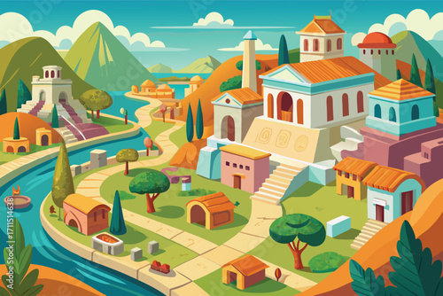 Colorful landscape scene of a vibrant village by a river surrounded by mountains and winding paths