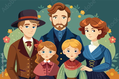 Family portrait in vintage clothing surrounded by flowers in a colorful setting