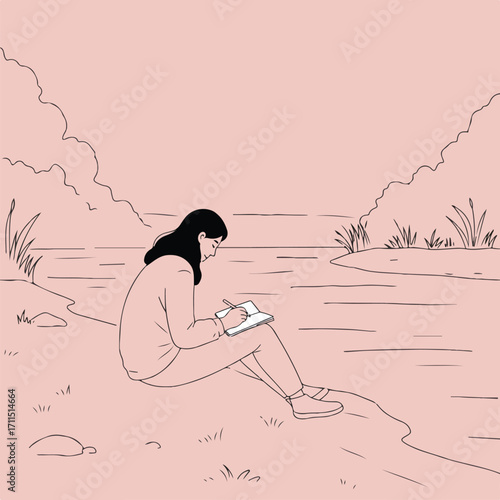 Woman sits by the water, journaling in a minimal, graphic, line drawing illustration