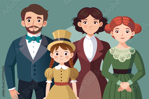 Group of four people in vintage clothing posing together against a plain background