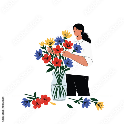 Woman arranges vibrant, stylized flowers in a clear glass vase against a white background