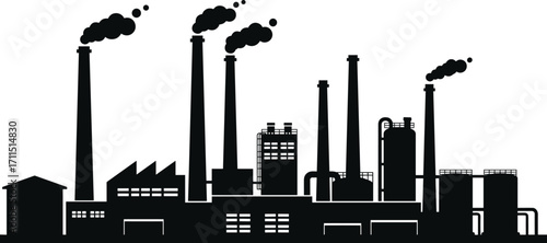 Industrial factory silhouette, smokestacks with smoke, refinery plant, manufacturing facility, petroleum processing, air pollution, energy production, fossil fuel industry, black vector illustration