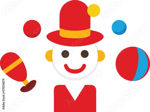 Funny clown face hat red nose balloon maraca shoes vector illustration icon