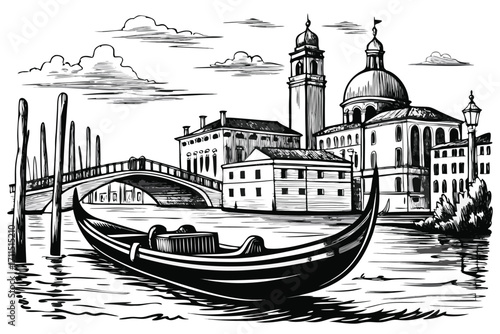 Gondola gliding on the serene waters of Venice with historic buildings and a bridge in the backdrop