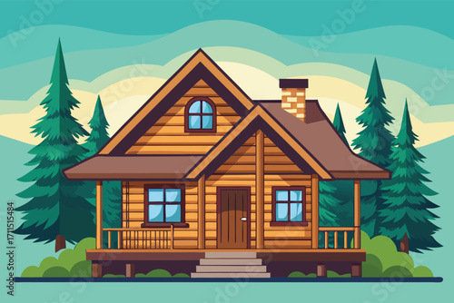 Charming wooden house nestled among tall trees with a bright sky in the background