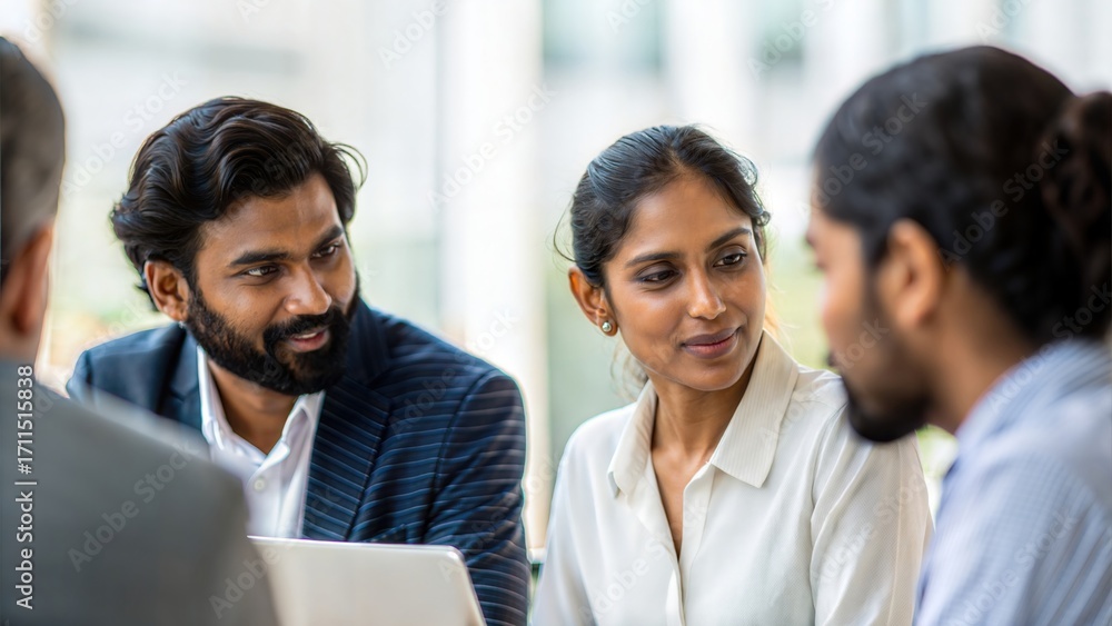 Obraz premium Professional Indian team paying attention during workplace conversation — symbolizing communication and focus