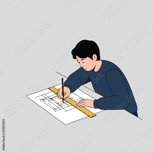Illustrator of someone carefully drawing with a pencil, utilizing a ruler on a document