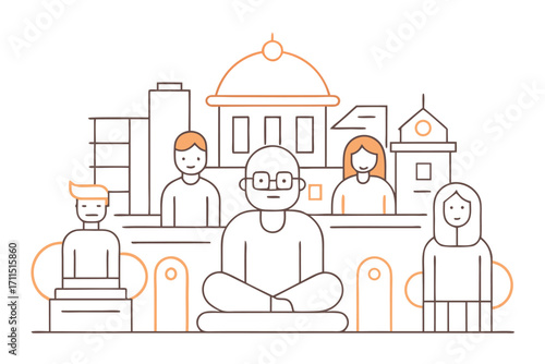 Modern representation of cultural icons and people in a city landscape