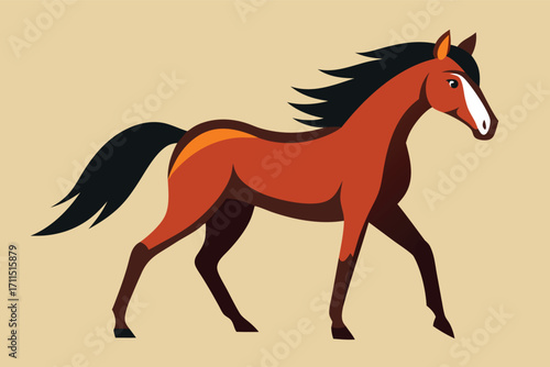 Horse walking gracefully on a beige background, showcasing its sleek form and flowing mane