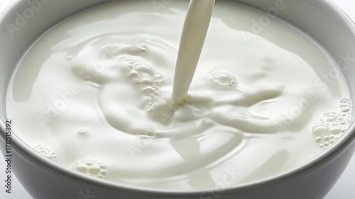 Wallpaper Mural Close-up of fresh, creamy milk being poured into a white bowl, creating delicate splashes and bubbles. Concept of nutrition, purity, and a healthy breakfast. Torontodigital.ca