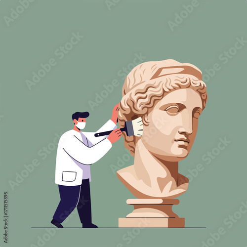 Restorer cleaning stone bust with brush in protective mask, wearing a lab coat outfit