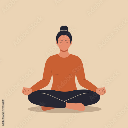 Woman in lotus position, eyes closed, in minimalistic design on a beige background
