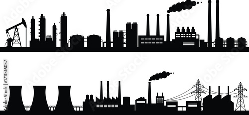 Industrial silhouette set, oil refinery, petrochemical plant, power generation facility, smokestacks with smoke, energy production, heavy manufacturing, fossil fuel industry, black vector