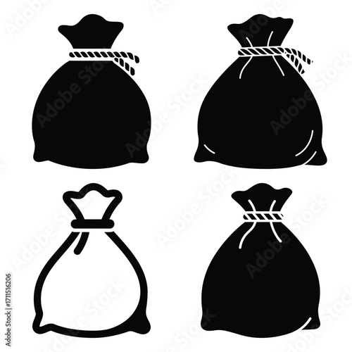 santa gift sack icon set, black color and white background