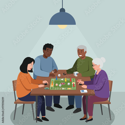 Four diverse adults sit at a table playing a board game under a pendant light indoors