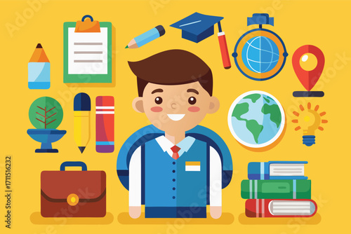 Cartoon style illustration of a smiling boy in a school uniform surrounded by educational elements