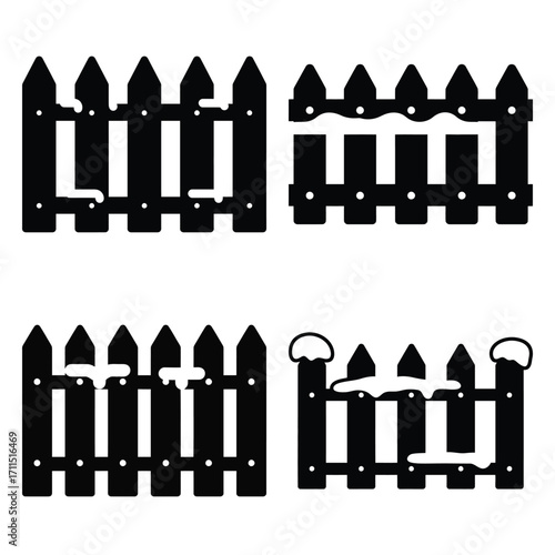 snow covered fence icon set, black color and white background