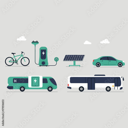 Illustrated green transport scene showcasing a variety of eco-friendly modes of transportation