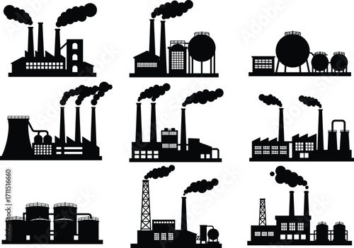 Industrial factory silhouettes, smokestacks with smoke, refinery plant, manufacturing facility, petroleum processing, air pollution, energy production, fossil fuel industry, black vector illustration
