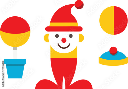 Vector illustration of clown accessories red nose hat balloon shoes for entertainment