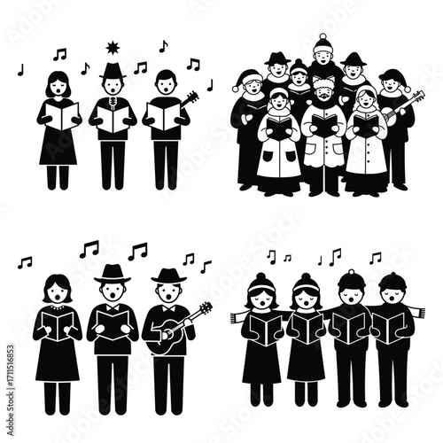 carol singers vector icon set, black color and white background
