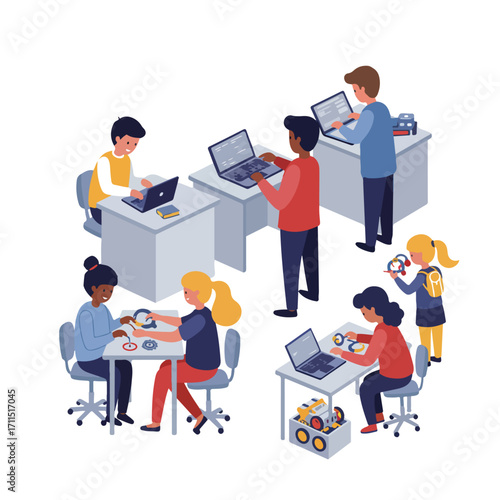 Diverse group of children engaging in hands-on technology and engineering activities indoors