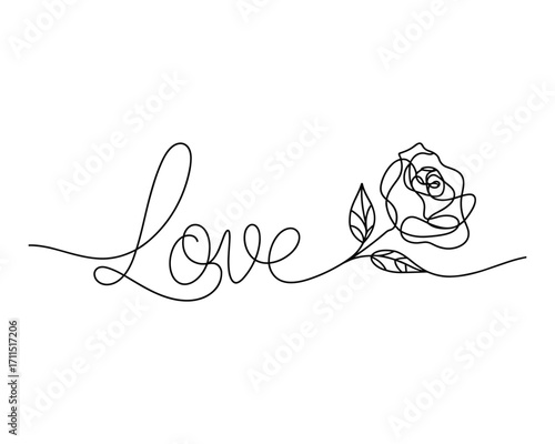 Black line art word love with rose and leaves text with happy valentine day concept 